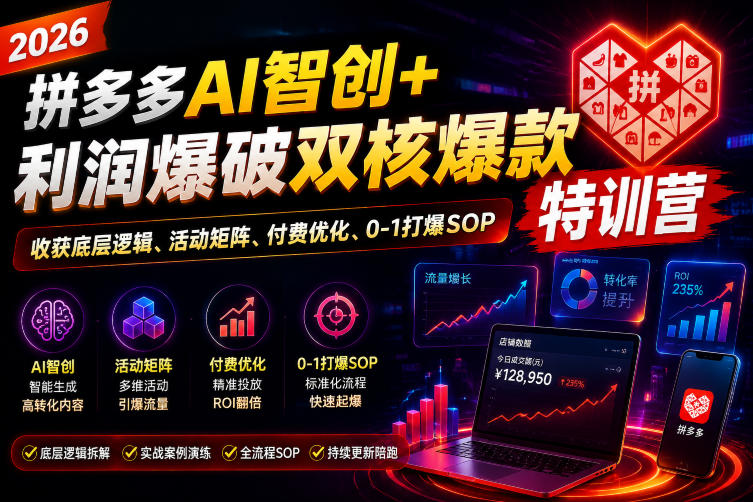 2026拼多多AI智创+利润爆破双核爆款特训营，收获底层逻辑、活动矩阵、付费优化、0-1打爆SOP-仙女副业网