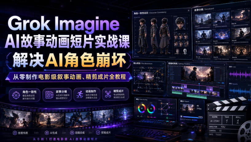 Grok Imagine AI故事动画短片实战课|解决AI角色崩坏,从零制作电影级叙事动画、精剪成片全教程(中英字幕)-仙女副业网