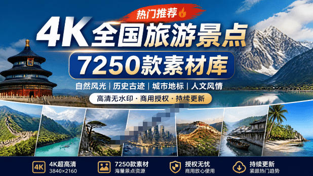热门全国旅游风景素材!4K全国旅游景点素材库,7250款素材,旅行达人城市航拍风景风光高清短视频-仙女副业网