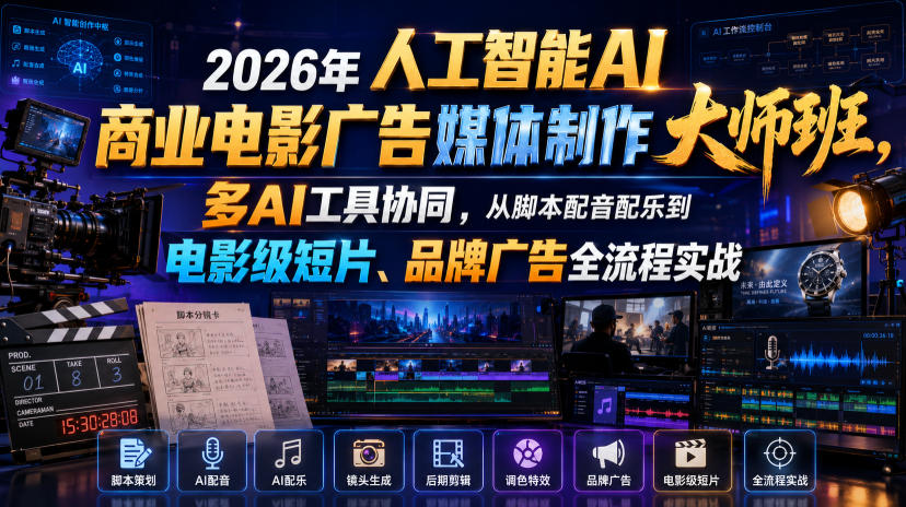 2026年人工智能AI商业电影广告媒体制作大师班,多AI工具协同,从脚本配音配乐到电影级短片、品牌广告全流程实战(中英字幕)-仙女副业网