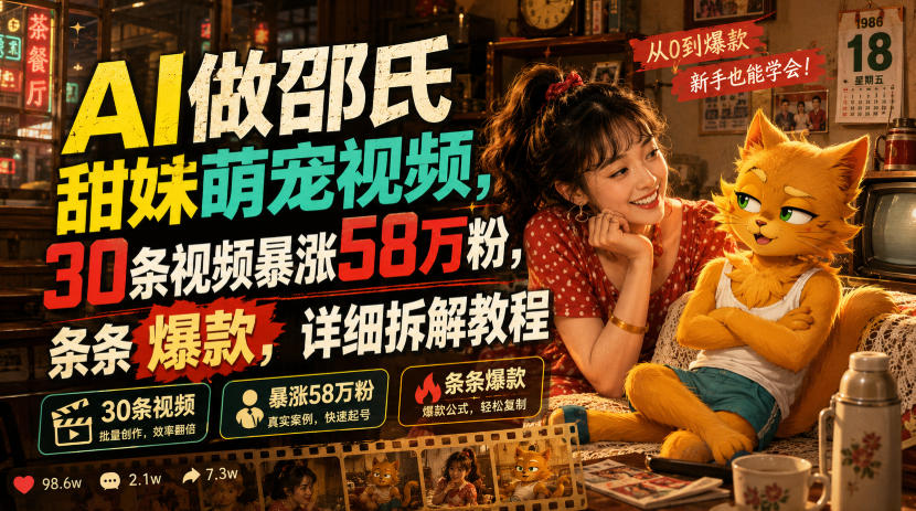 AI做邵氏甜妹萌宠视频,30条视频暴涨58万粉,条条爆款,详细拆解教程-仙女副业网