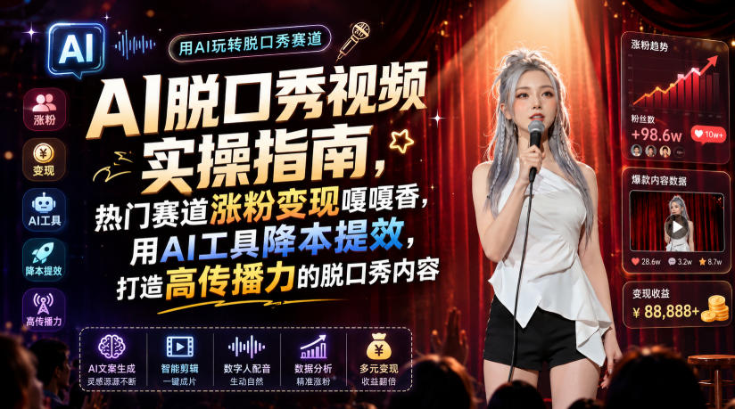 AI脱口秀视频实操指南，热门赛道涨粉变现嘎嘎香，用AI工具降本提效，打造高传播力的脱口秀内容-仙女副业网
