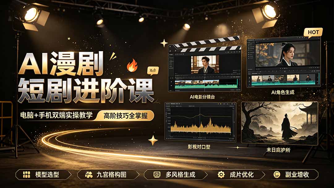 AI漫剧短剧进阶课｜电脑+手机双端实操教学｜影视剧对口型人物吃瓜×解压末日庇护所全程讲解，高阶技巧全掌握-仙女副业网