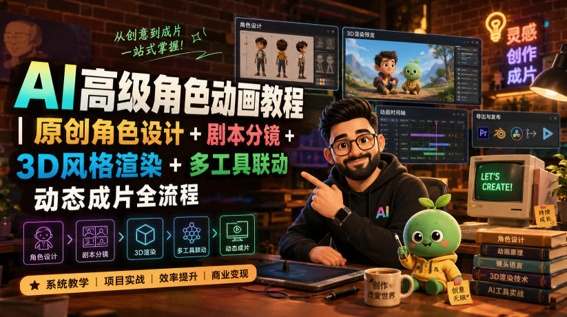 AI高级角色动画教程|原创角色设计+剧本分镜+3D风格渲染+多工具联动动态成片全流程【中英字幕】-仙女副业网