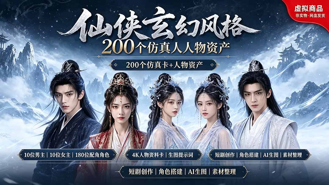 200个仙侠玄幻仿真人素材◆10男主×10女主×180配角,4K资料卡+AI生图提示词,漫剧必备-仙女副业网
