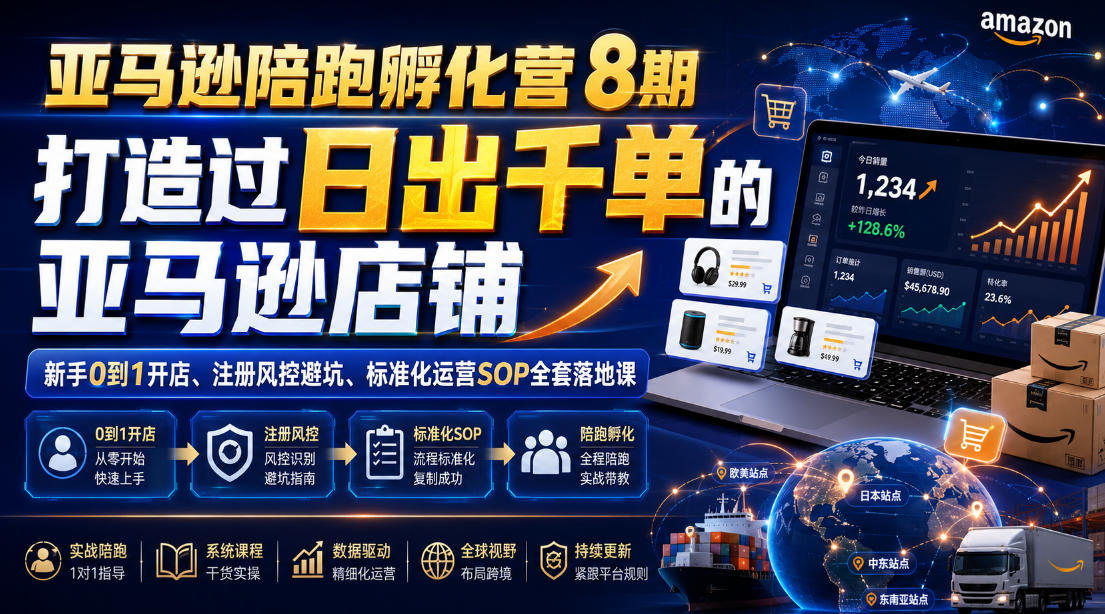 亚马逊陪跑孵化营8期,打造过日出千单的亚马逊店铺,新手0到1开店、注册风控避坑、标准化运营SOP全套落地课-仙女副业网