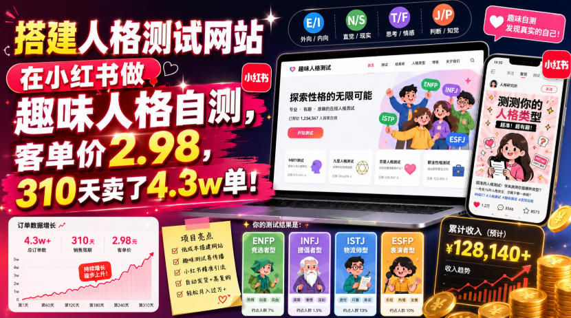 搭建人格测试网站在小红书做趣味人格自测，客单价2.98，310天卖了4.3w单！-仙女副业网