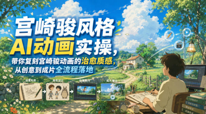 宫崎骏风格AI动画实操,带你复刻宫崎骏动画的治愈质感,从创意到成片全流程落地-仙女副业网