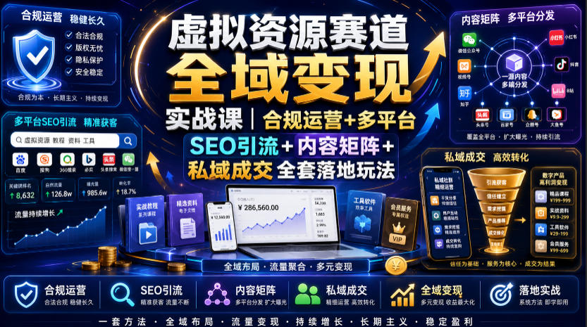虚拟资源赛道全域变现实战课｜合规运营+多平台SEO引流+内容矩阵+私域成交全套落地玩法-仙女副业网