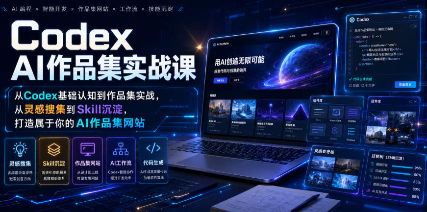 Codex AI作品集实战课，从Codex基础认知到作品集实战，从灵感搜集到Skill沉淀，打造属于你的AI作品集网站-仙女副业网