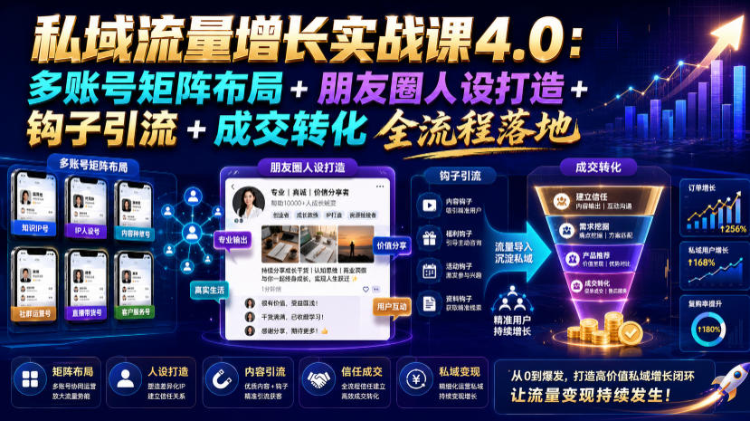私域流量增长实战课4.0：多账号矩阵布局+朋友圈人设打造+钩子引流+成交转化全流程落地-仙女副业网