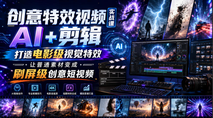 创意特效视频实战课,AI+剪辑打造电影级视觉特效,让普通素材变成刷屏级创意短视频-仙女副业网