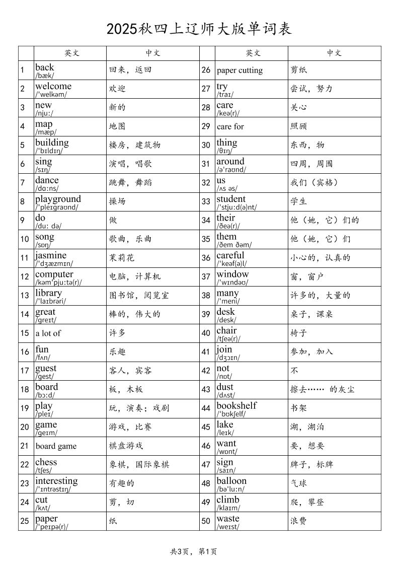 2025秋四上英语辽师大版单词表-仙女副业网