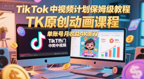 TikTok中视频计划保姆级教程，TK原创动画课程，单账号月收益4k美刀-仙女副业网