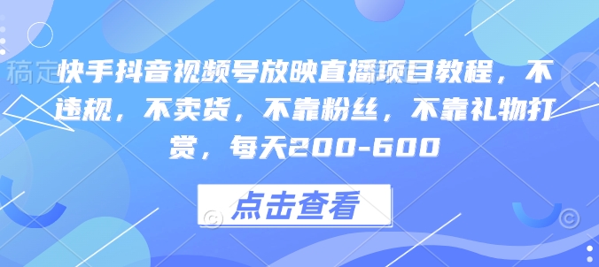 快手抖音视频号放映直播项目教程，不违规，不卖货，不靠粉丝，不靠礼物打赏，每天200-600-仙女副业网