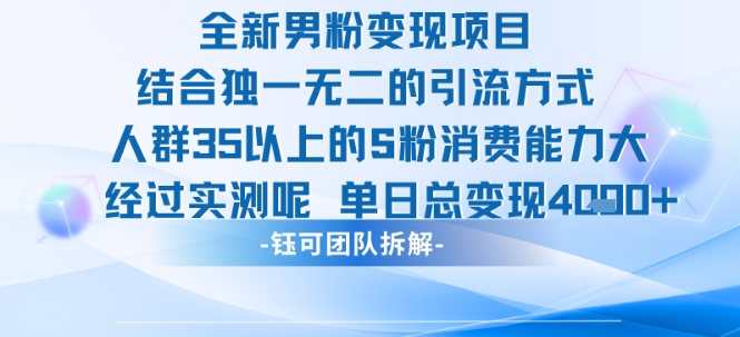 全新男粉变现项目引流人群35以上的男粉消费能力大 经过实测单日变现1k+-仙女副业网