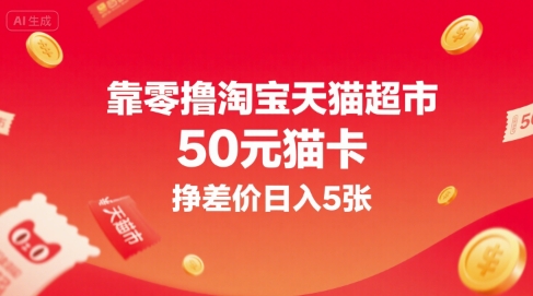 靠零撸淘宝天猫超市50元猫卡，挣差价日入5张-仙女副业网