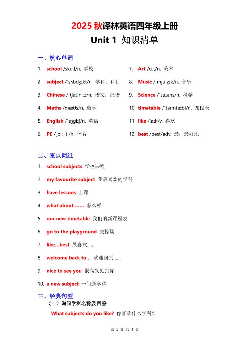 2025秋译林英语四上Unit1知识清单-仙女副业网