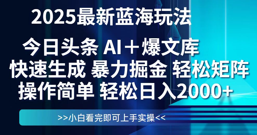 今日头条2025最新蓝海玩法，思路简单，复制粘贴，轻松实现矩阵日入2000+-仙女副业网