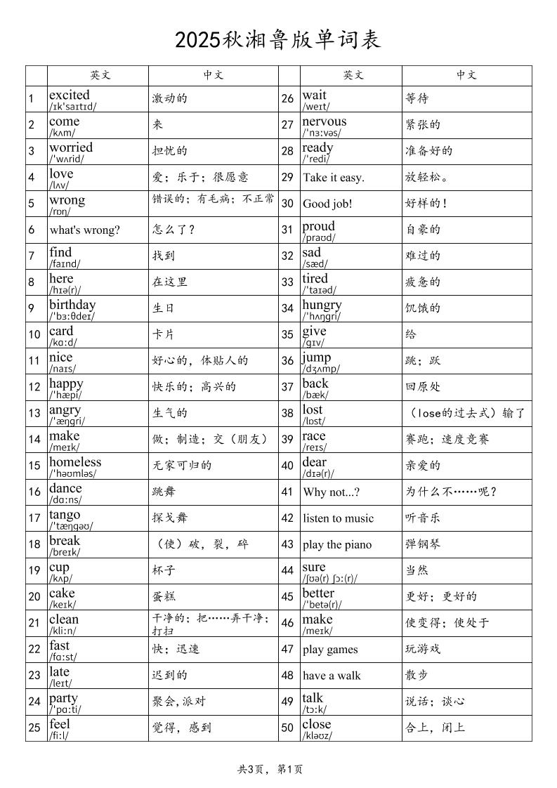 2025秋四上英语湘鲁版单词表-仙女副业网