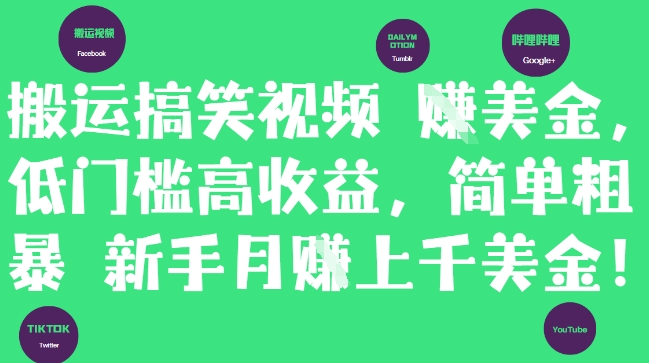 搬运搞笑视频挣美金，低门槛高收益，简单粗暴新手月入上千美刀-仙女副业网