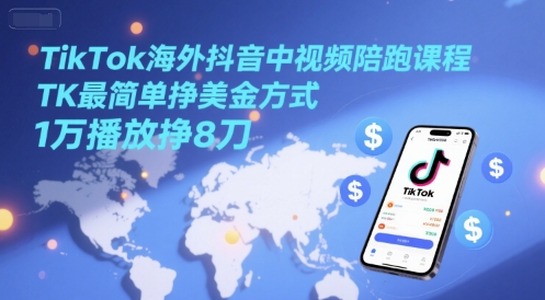 TikTok海外抖音中视频陪跑课程，TK最简单挣美金方式，1万播放挣8刀-仙女副业网