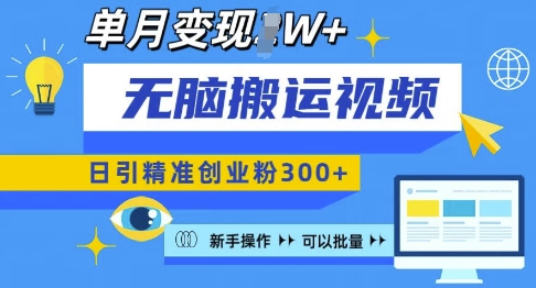 无脑搬运视频号可批量复制，新手即可操作，日引精准创业粉300+，月变现过W 【揭秘】-仙女副业网
