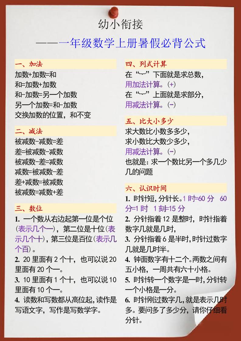 幼小衔接一年级数学上册暑假必背公式-仙女副业网
