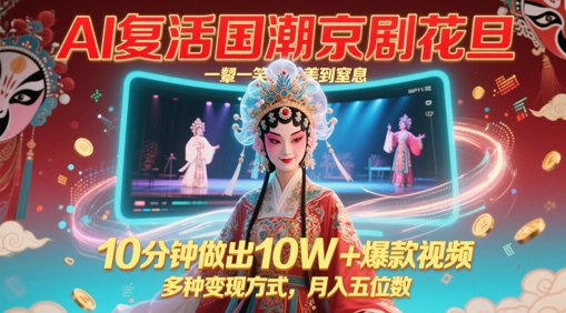 AI复活国潮京剧花旦，一颦一笑美到窒息，10分钟做出10W+爆款视频，多种变现方式，月入五位数-仙女副业网
