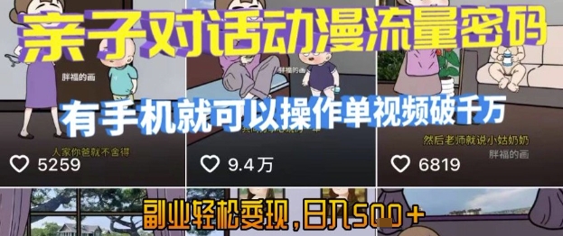 AI引爆短视频，亲子对话动漫流量密码，有手机就可以操作，单视频破千万播放，副业轻松变现，日入5张【揭秘】-仙女副业网