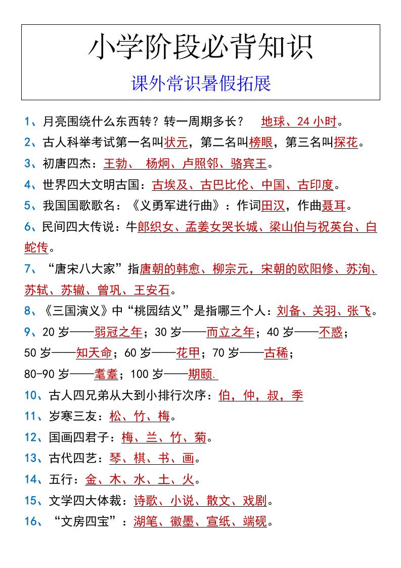 小学阶段必背知识课外常识暑假拓展-小升初语文-仙女副业网