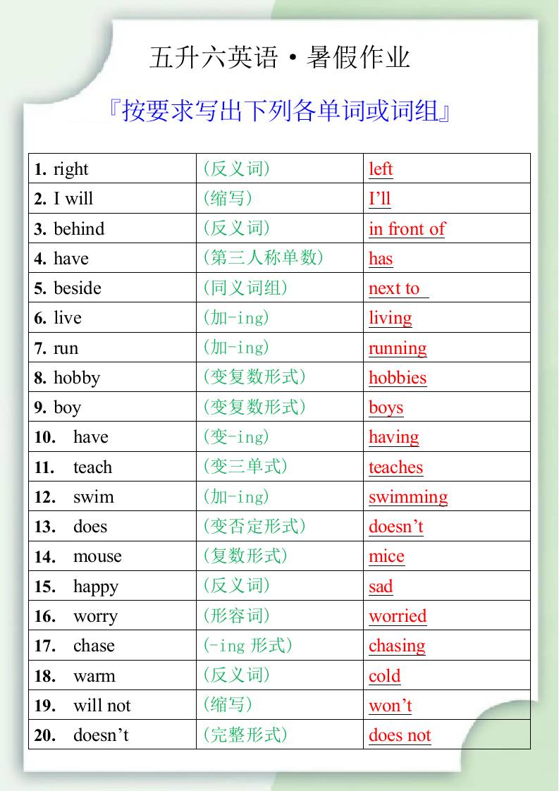 五升六英语暑假作业之按要求写出下列各单词或词组-六上英语-仙女副业网