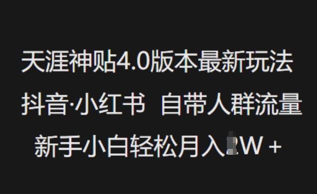 天涯神贴4.0版本最新玩法，抖音·小红书自带人群流量，新手小白轻松月入过W-仙女副业网
