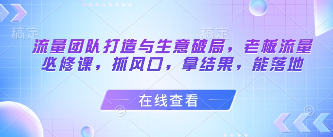 流量团队打造与生意破局，老板流量必修课，抓风口，拿结果，能落地-仙女副业网