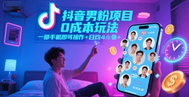 抖音男粉项目0成本玩法，一部手机即可操作，日均4张+，时间自由-仙女副业网
