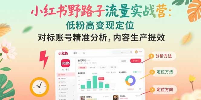 小红书野路子流量实战营：低粉高变现定位 对标账号精准分析 内容生产提效-仙女副业网