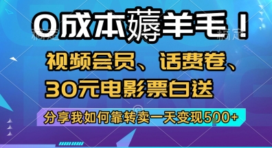 0成本薅羊毛!视频会员、话费卷、30元电影票白送，分享我如何靠转卖一天变现5张+【揭秘】-仙女副业网
