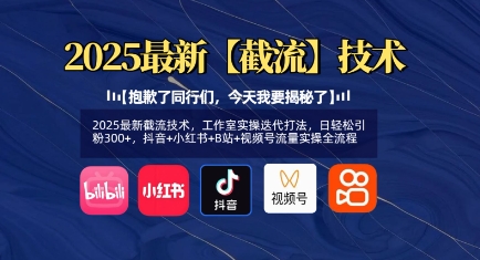 2025最新截流技术，工作室实操迭代打法，日轻松引粉300+，抖音+小红书+B站+视频号流量实操全流程-仙女副业网