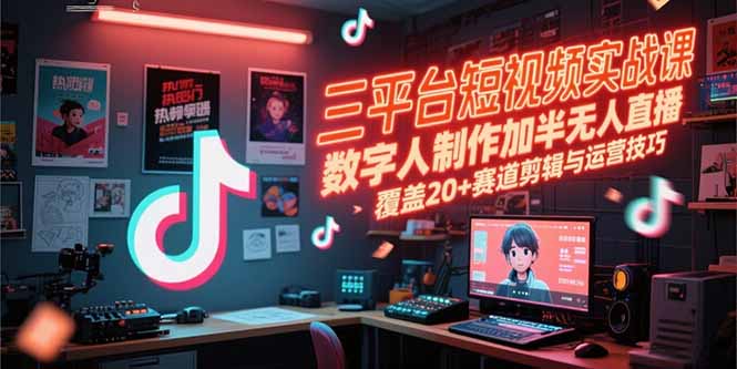 三平台短视频实战课，数字人制作加半无人直播，覆盖20+赛道剪辑与运营技巧-仙女副业网