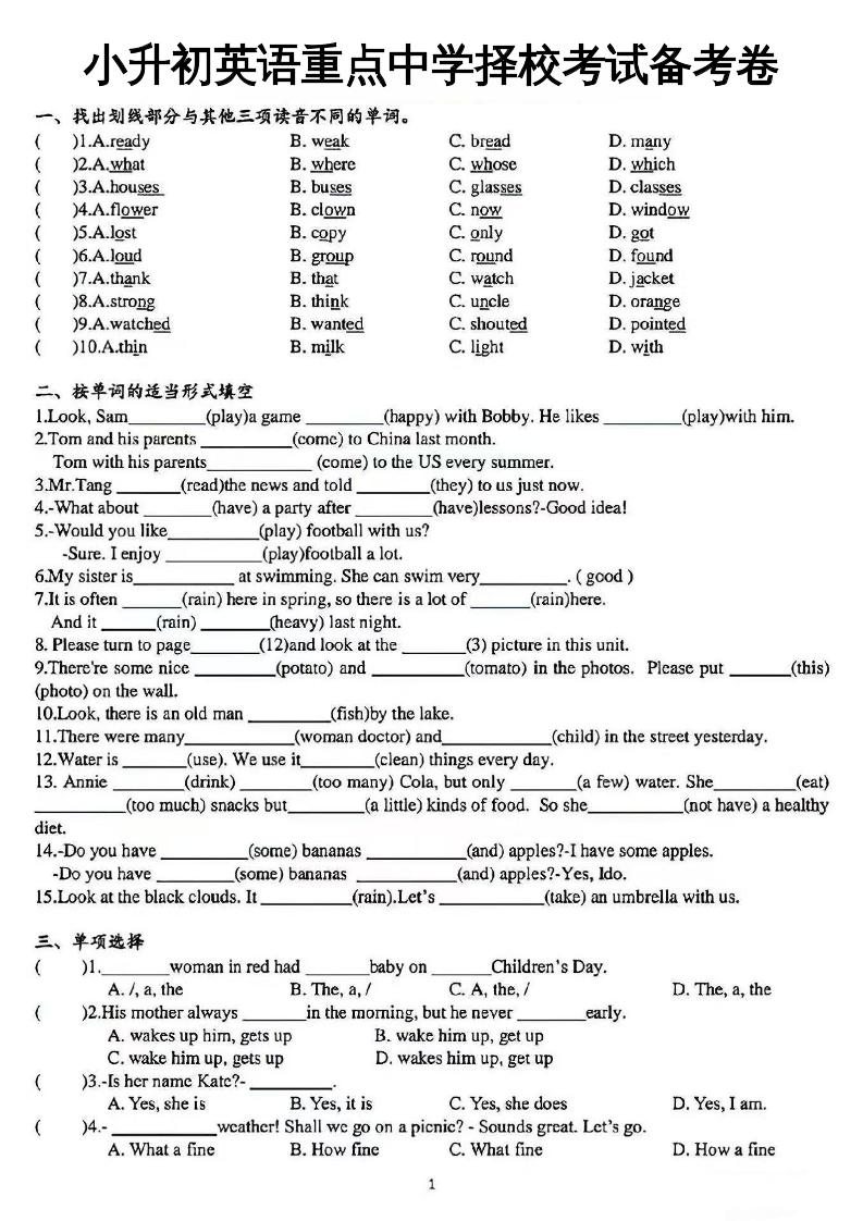 《小升初英语重点中学择校考试备考卷》-仙女副业网