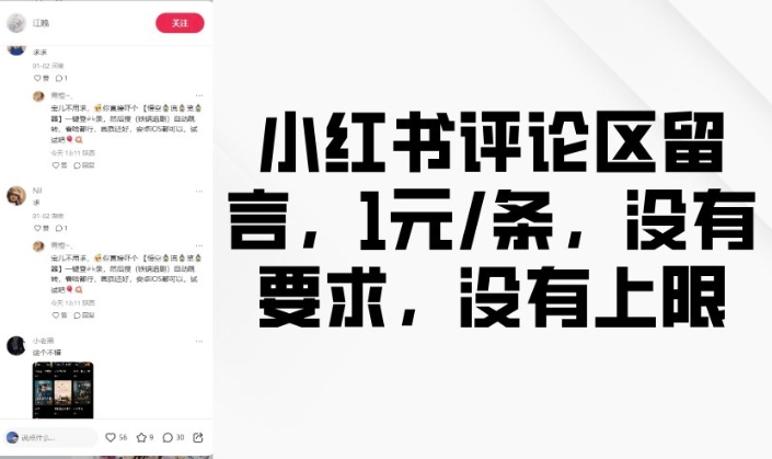 小红书评论区留言，1元条，没有要求，没有上限-仙女副业网