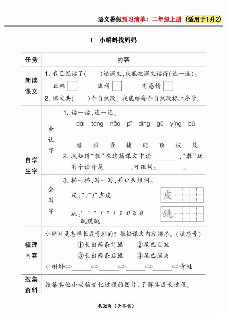 一升二小学语文《暑假预习清单》最新版-二上语文-仙女副业网