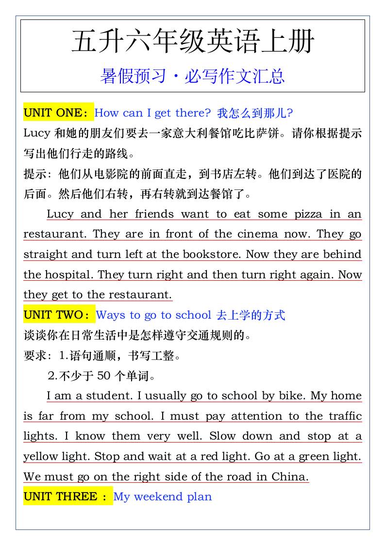 五升六年级英语上册暑假预习·必写作文汇总-六上英语-仙女副业网