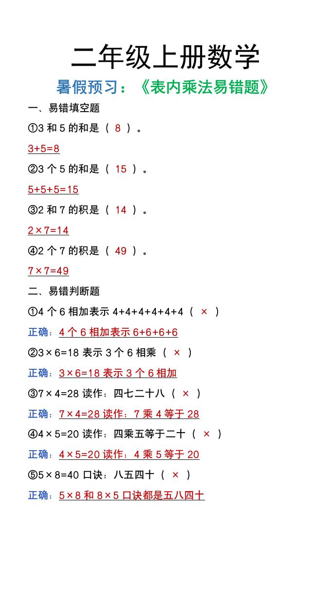 二年级上册数学暑假预习《表内乘法易错题》-仙女副业网