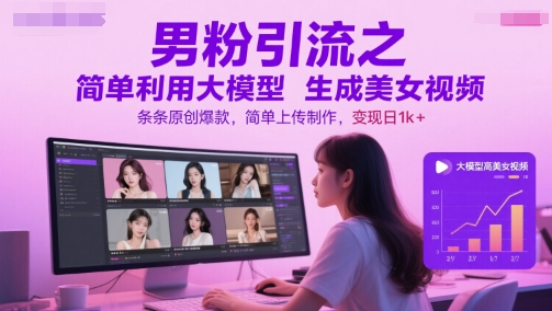 男粉引流之简单利用大模型生成美女视频，条条原创爆款，简单上传制作，变现日1k+-仙女副业网