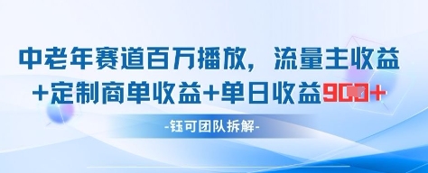 中老年赛道百万播放+流量主收益+定制收益，单日收益9张-仙女副业网