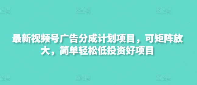 最新视频号广告分成计划项目，可矩阵放大，简单轻松低投资好项目-仙女副业网