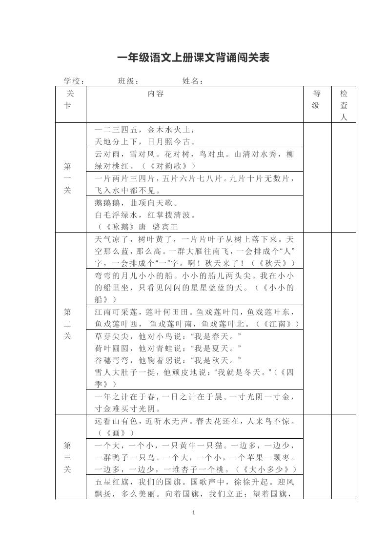 一年级上册语文背诵课文内容及闯关表-仙女副业网