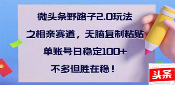 微头条野路子2.0玩法之相亲赛道，无脑搬砖复制粘贴，单账号日稳定300+...-仙女副业网