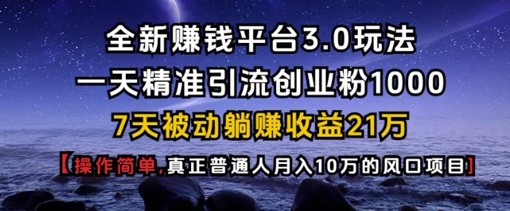 全新赚钱平台3.0玩法一天精准引流创业粉1000.7天被动躺Z收益21W【仅揭秘】-仙女副业网